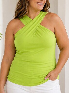 Soft Surroundings Petite XL Chartreuse Front Crisscross Zip Back Top Pima